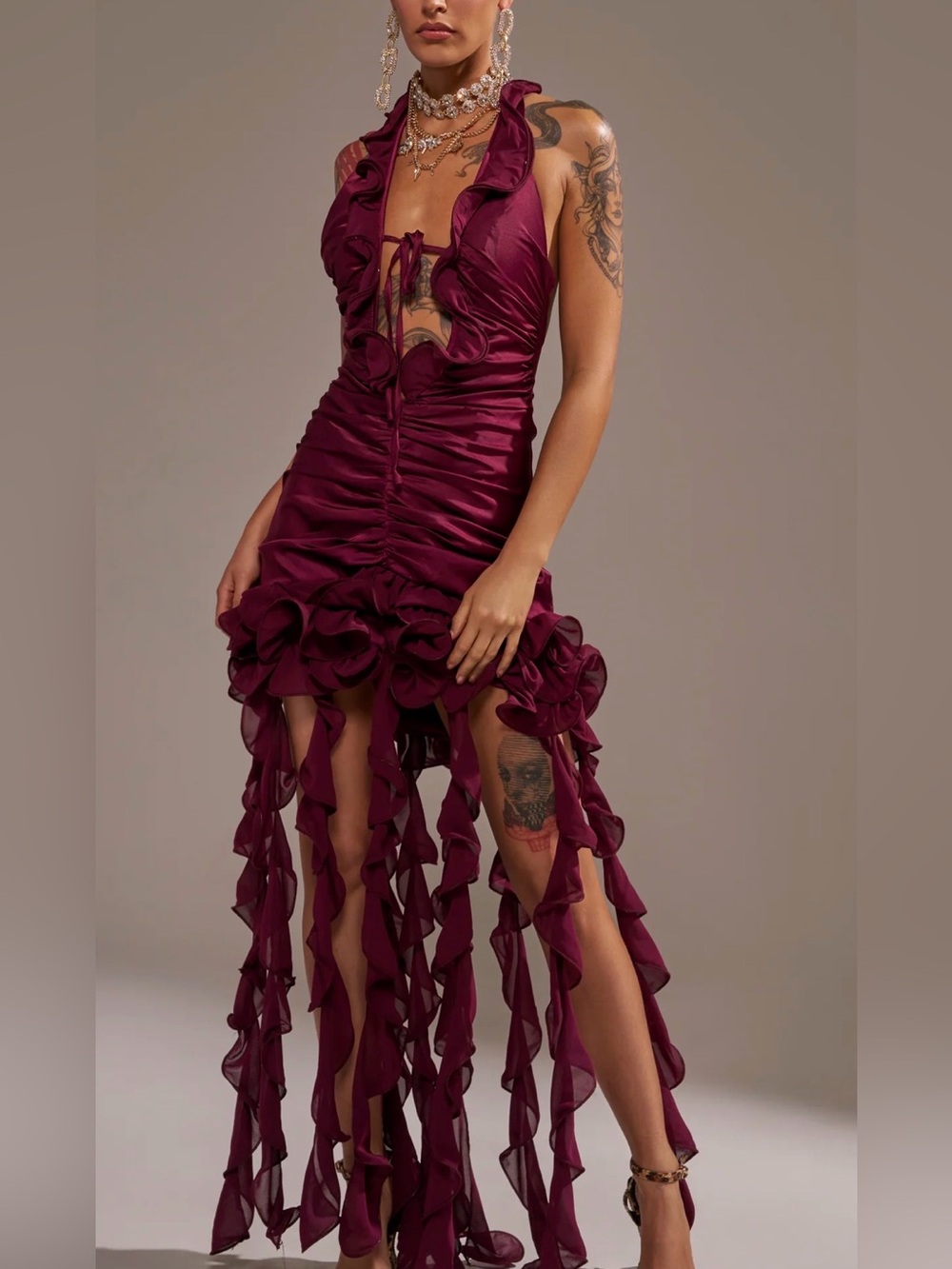 NWT akira Ruffled and tailed Satin Halter Mini Dress in Plum size M